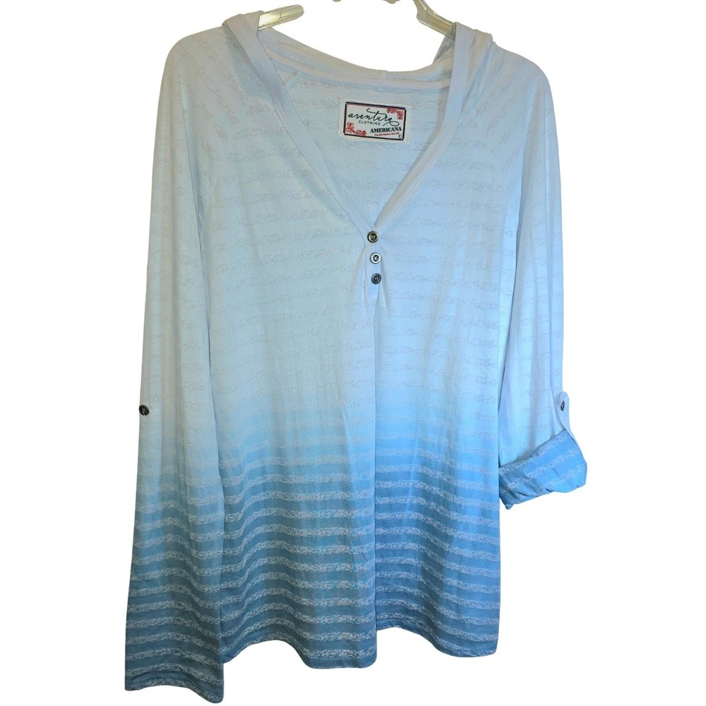 Aventura Clothing Neema Hoodie Shirt Stripe VNeck Ombre Burnout Large Blue White